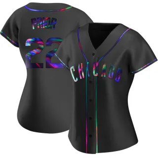 Women's Replica Black Holographic Mark Prior Chicago Cubs Alternate Jersey